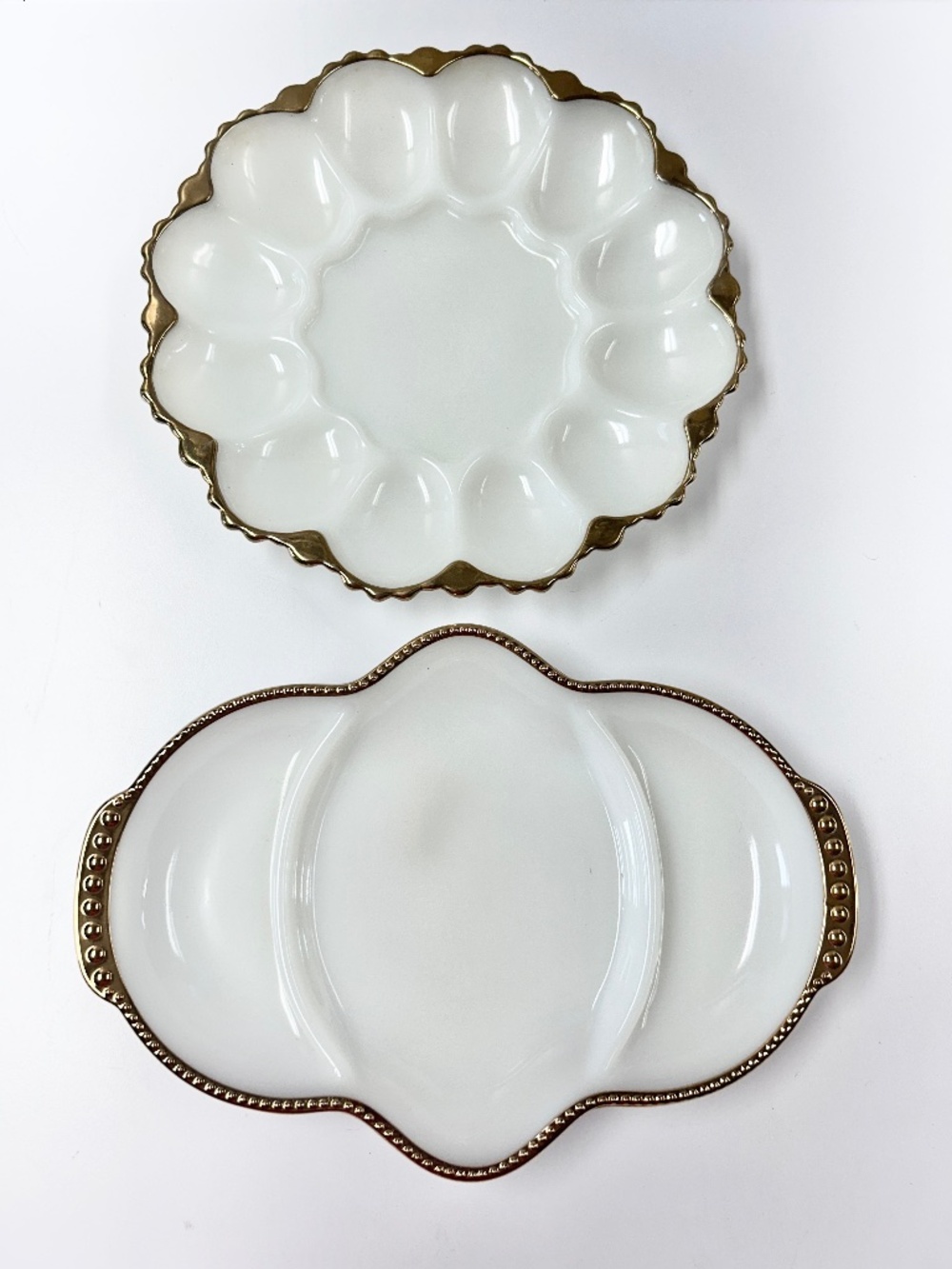 Fire King Oven Ware Milk Glass Gold Trim Divided Relish Anchor Hocking Egg Plate
